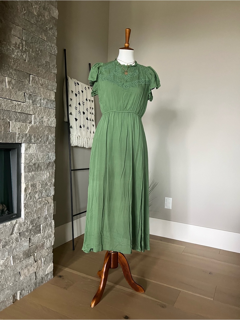 Baltic Born Olive Green Lace Yoke Midi Dress - Picture 3 of 8